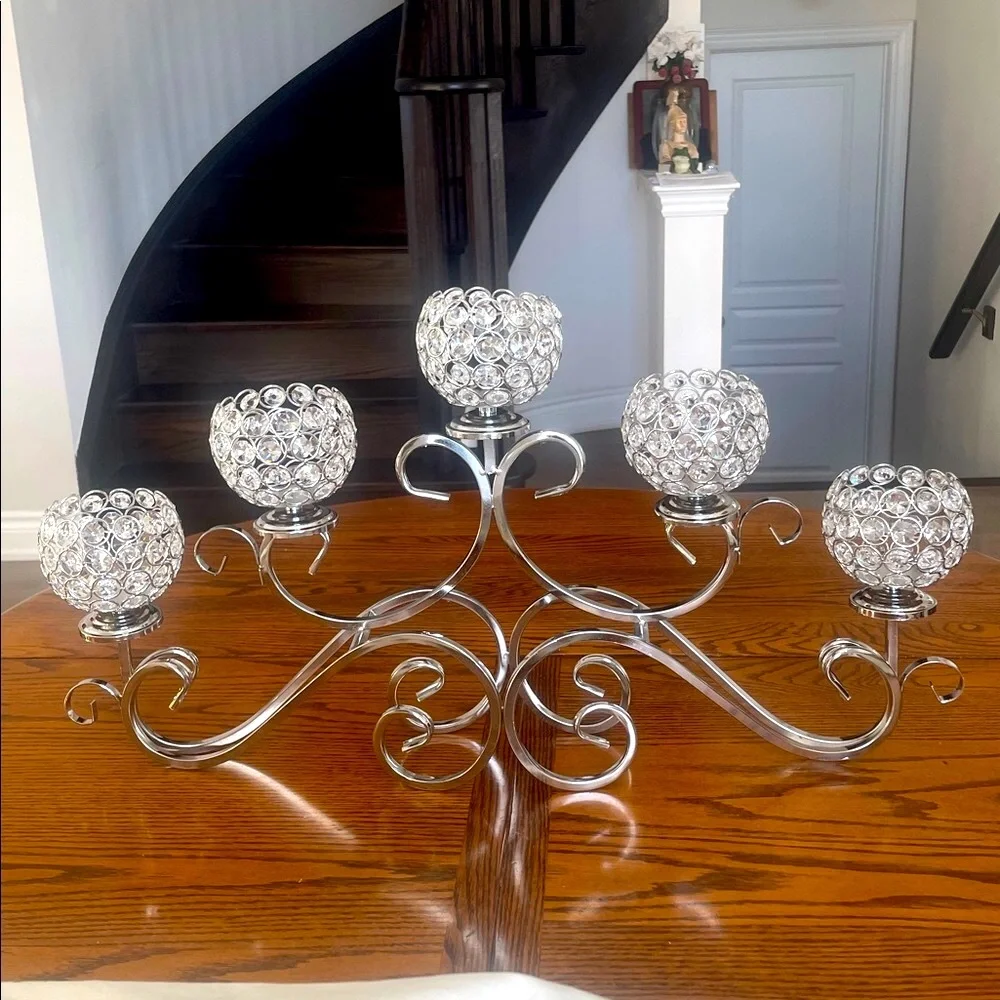 5 Arm Crystal Pendant Bowl Tea Light Candle Holder Table Centerpiece Decorations - Picture 13 of 15